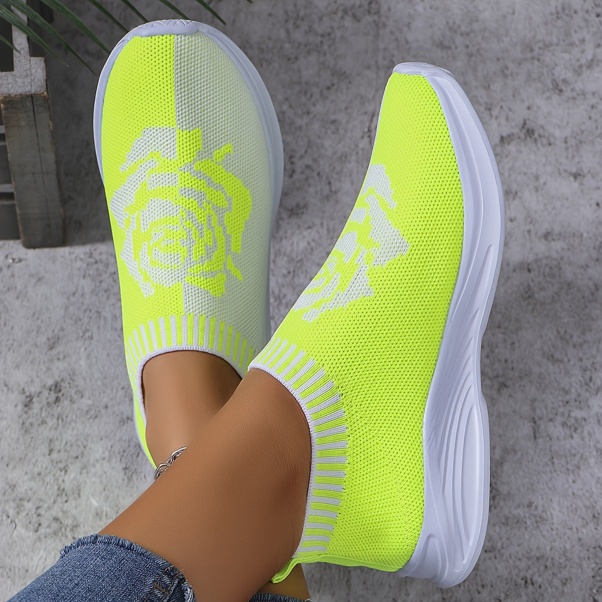 2024 Women's Breathable Slip-On Sneakers with Neon Roses - Soft EVA Sole, Gradient Color Transition, All-Season Casual Sneakers for Walking & Light Workouts, Modern Sporty Look | Comfortable Fit